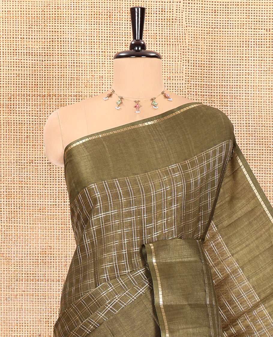 Mehendi green zari checked fancy tussar silk saree, zari striped border, plain pallu, and a matching blouse