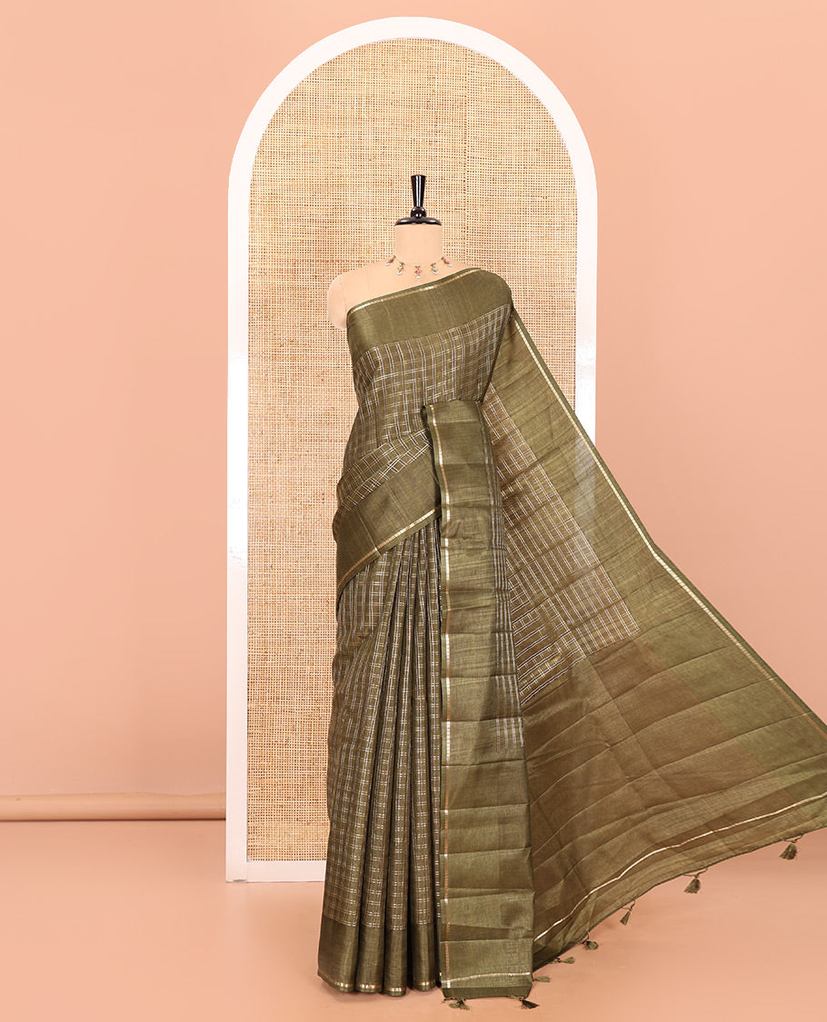 Mehendi green zari checked fancy tussar silk saree, zari striped border, plain pallu, and a matching blouse