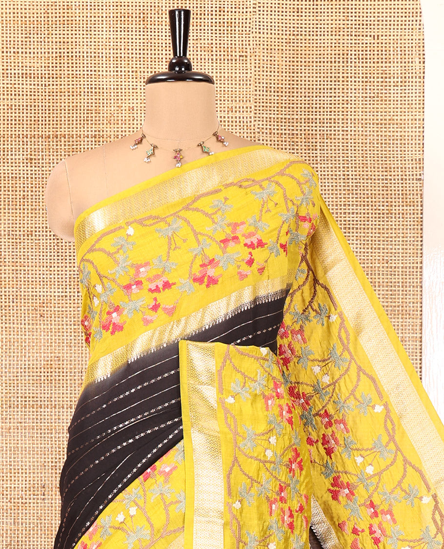 Black Assam Silk Saree Featuring Horizontal Zari Stripes, Contrast Floral Embroidered Border, Zari Striped Pallu, and a Contrast Blouse