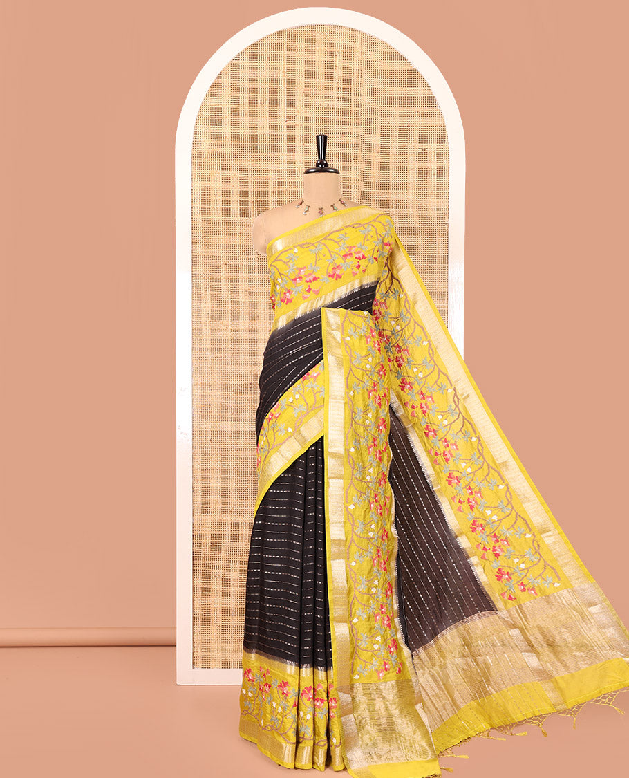 Black Assam Silk Saree Featuring Horizontal Zari Stripes, Contrast Floral Embroidered Border, Zari Striped Pallu, and a Contrast Blouse