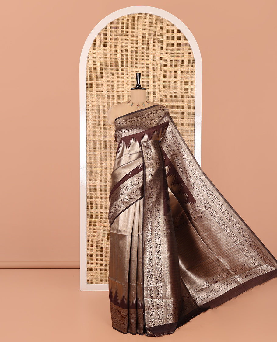 Brown Litchi Saree Features Tissue-Zari Weave, a Temple Kodi Visiry Border, Grand Pallu and a Matching Blouse