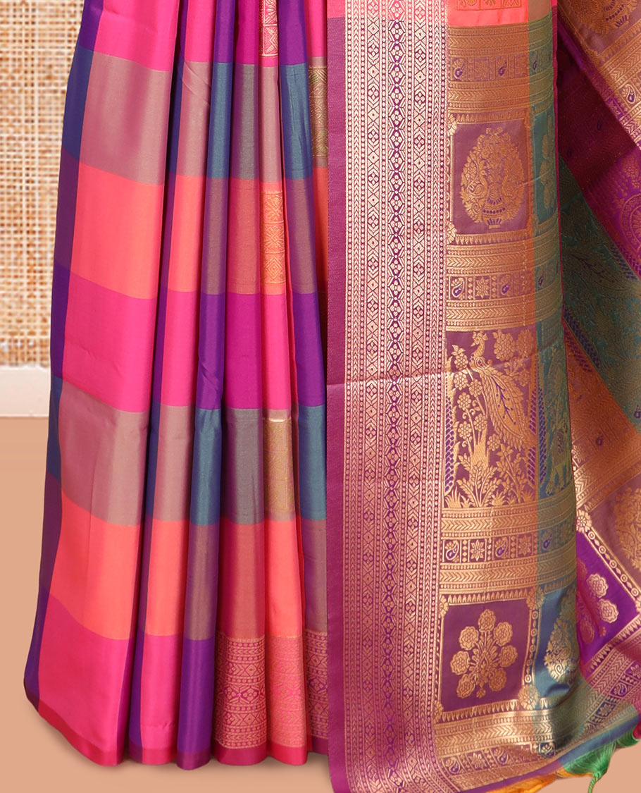 Multi-Color Palum Pazhamum Checked Fancy Soft Silk Saree, Graced with Zari Buttas, a Zari Border, Rich Pallu, a Matching Blouse