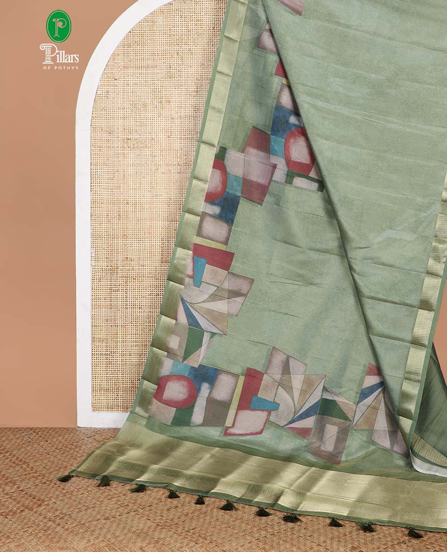 Olive green geometrical print crush tissue saree with zari border & tissue pallu along with plain blouse