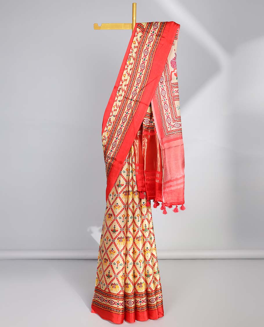 Yellow argyle design  semi-banaras printed saree with contrast floral border & floral design pallu
