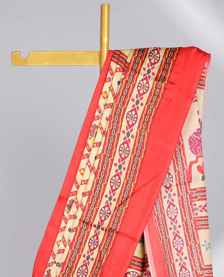 Yellow argyle design  semi-banaras printed saree with contrast floral border & floral design pallu