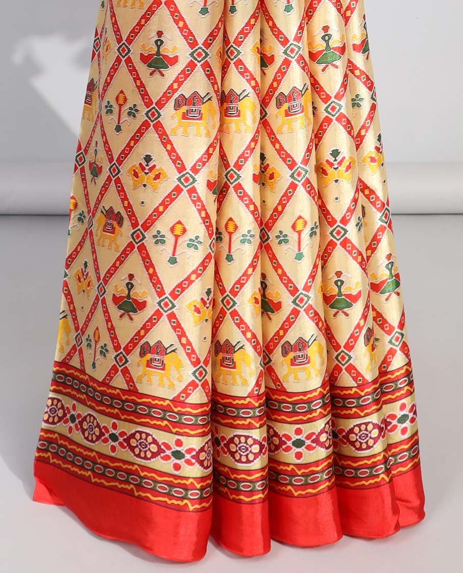 Yellow argyle design  semi-banaras printed saree with contrast floral border & floral design pallu