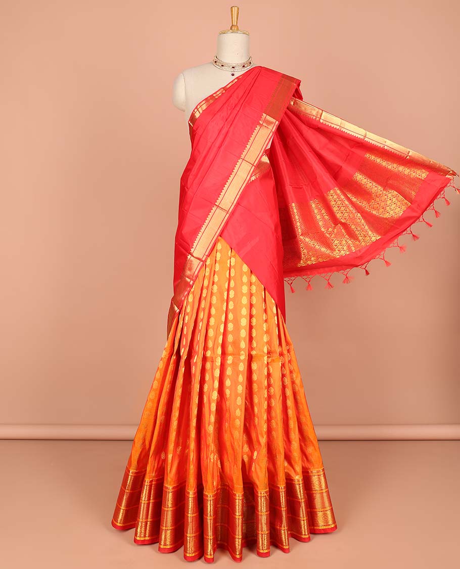 Orange floral buttas pure silk half saree with contrast traditional design border, zari design blouse & floral zari design dhavani