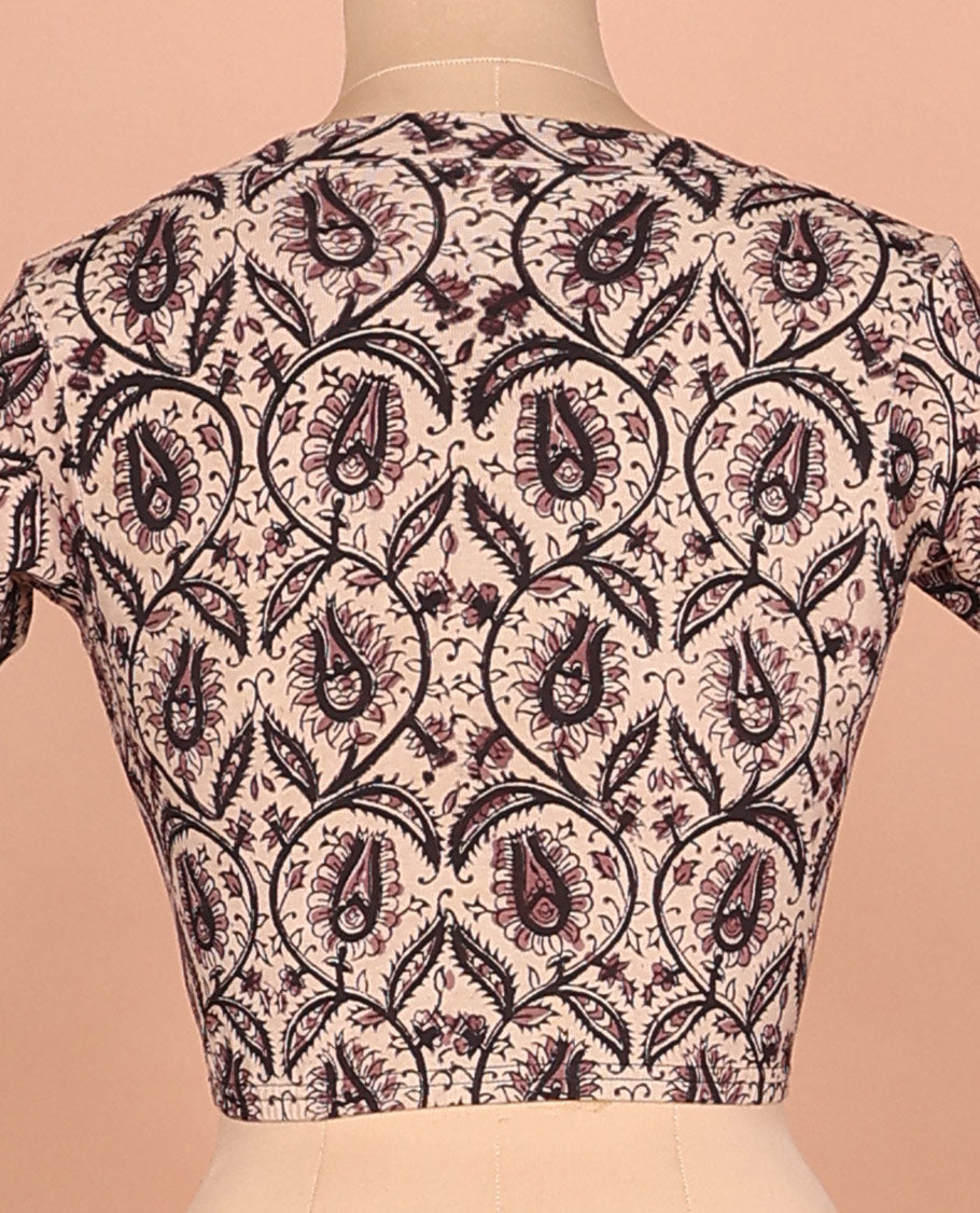 Light sandal floral printed front and back leaf neck elbow sleeve cotton readymade blouse