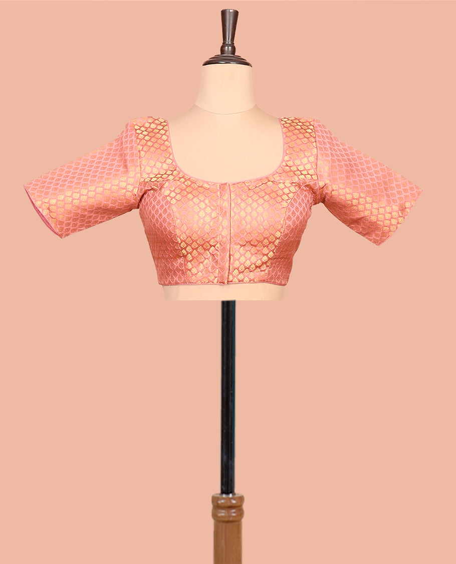 Pink Plain Readymade Blouse Featuring a Front Round-Neck, Back Round-Neck, and Elbow Sleeves