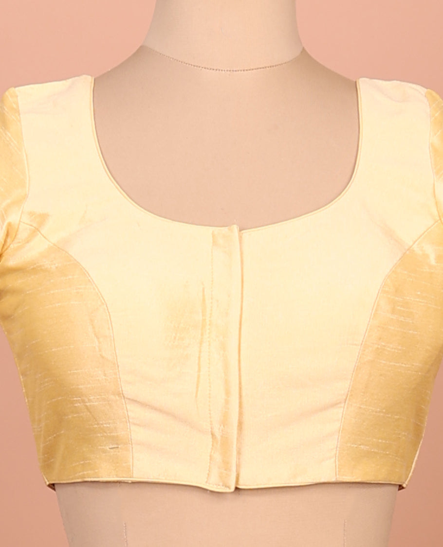 Yellow Plain Readymade Blouse Featuring a Front Round-Neck, Back Round-Neck, and Elbow Sleeves