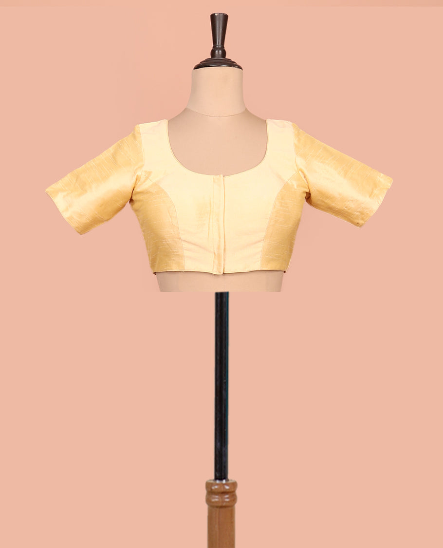 Yellow Plain Readymade Blouse Featuring a Front Round-Neck, Back Round-Neck, and Elbow Sleeves