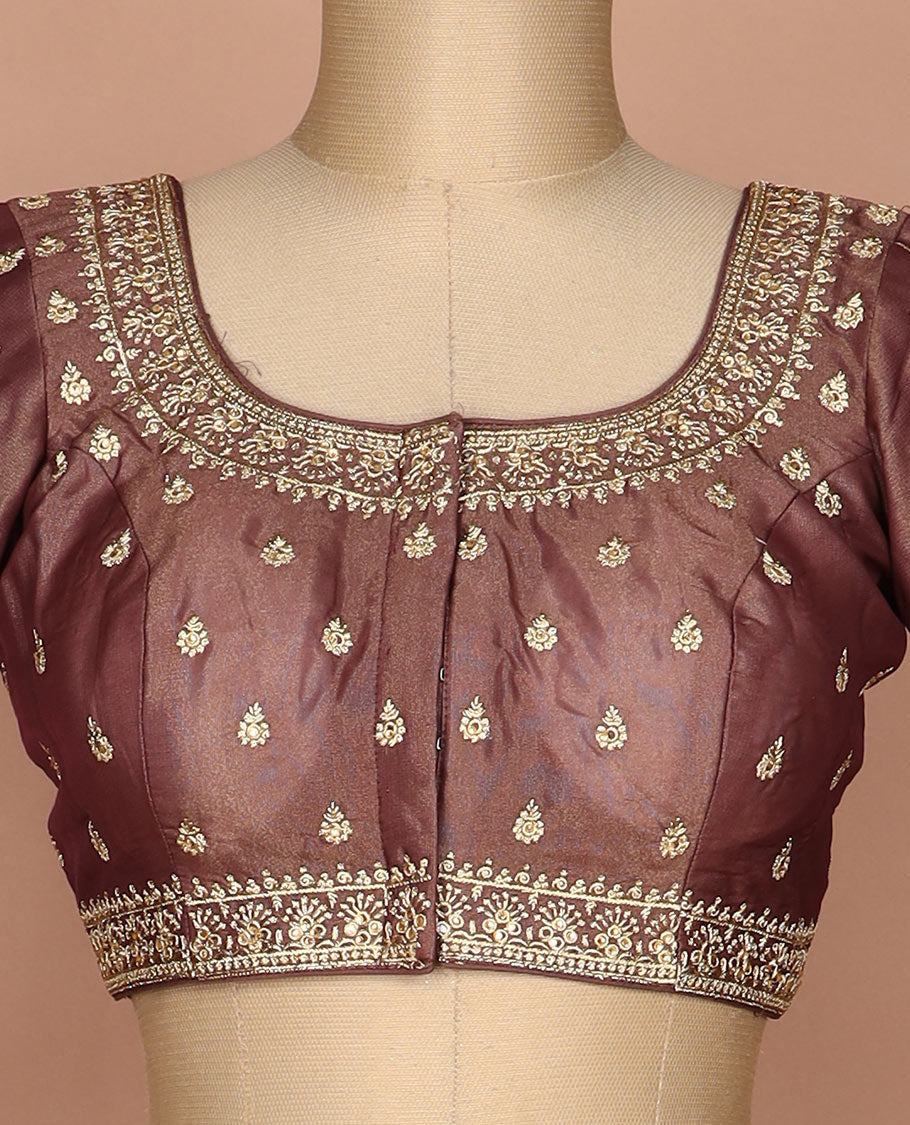 Brown thread embroidered round neck elbow sleeve raw silk readymade blouse