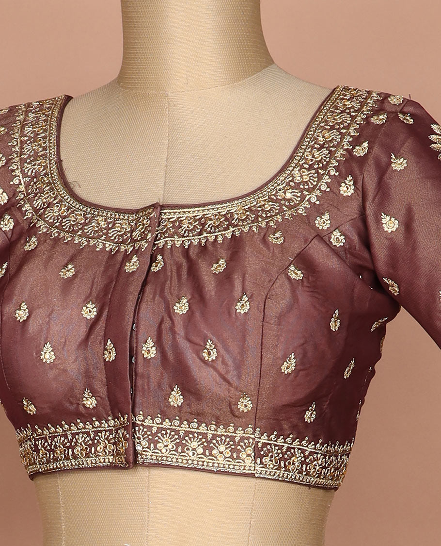 Brown thread embroidered round neck elbow sleeve raw silk readymade blouse