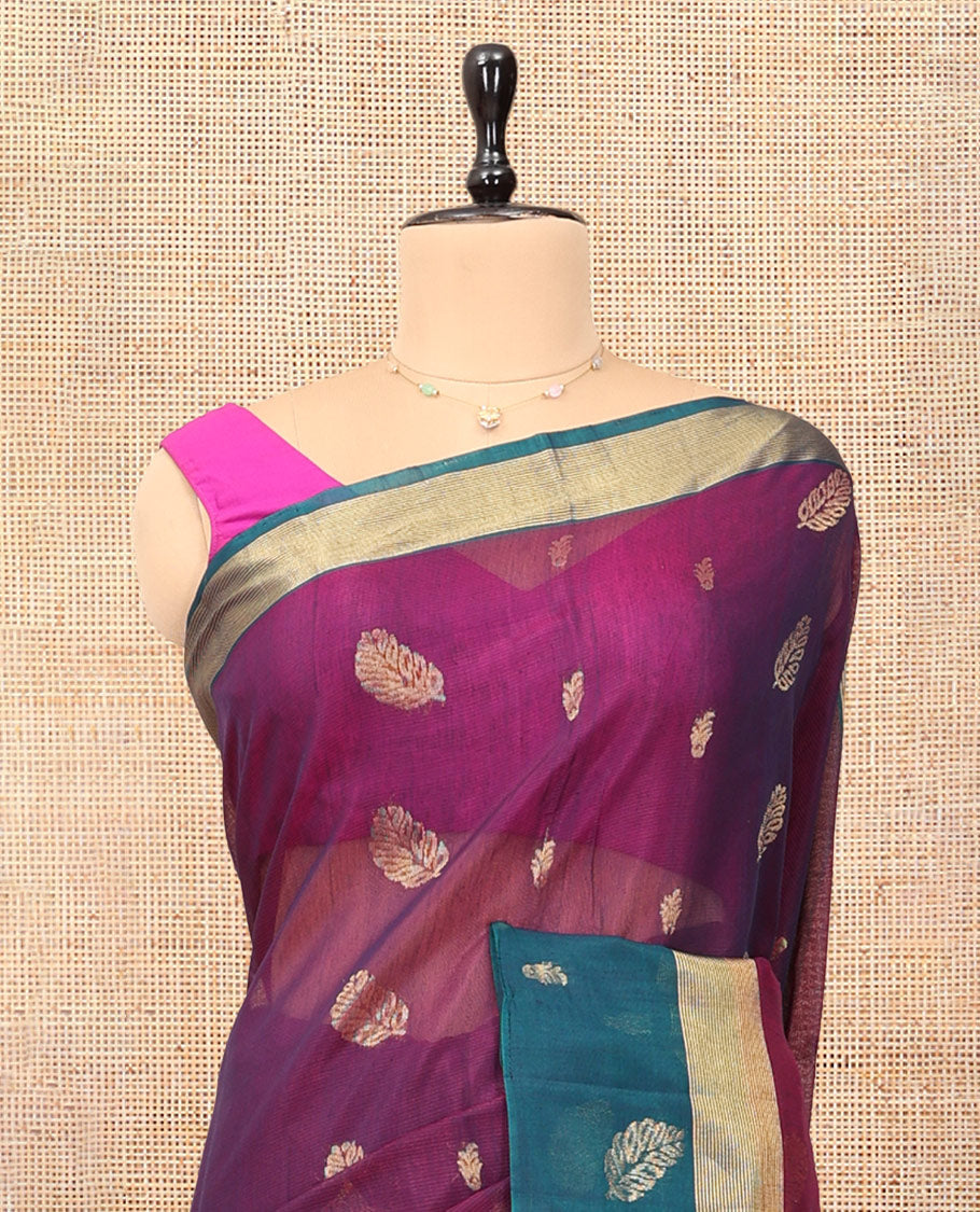 Purple Silk Cotton Saree, Bedecked with Zari Buttas, a Contrast Leaf Motif Border, Geometric Pallu, and a Contrast Blouse