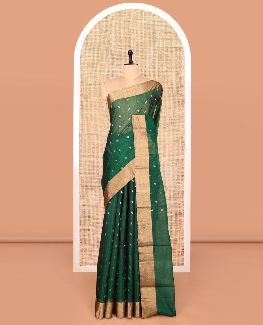 Green Silk Cotton Saree, Embellished with Zari Buttas, a Gleaming Bavanji Border, Pallu of Jaal Designs, and a Matching Blouse