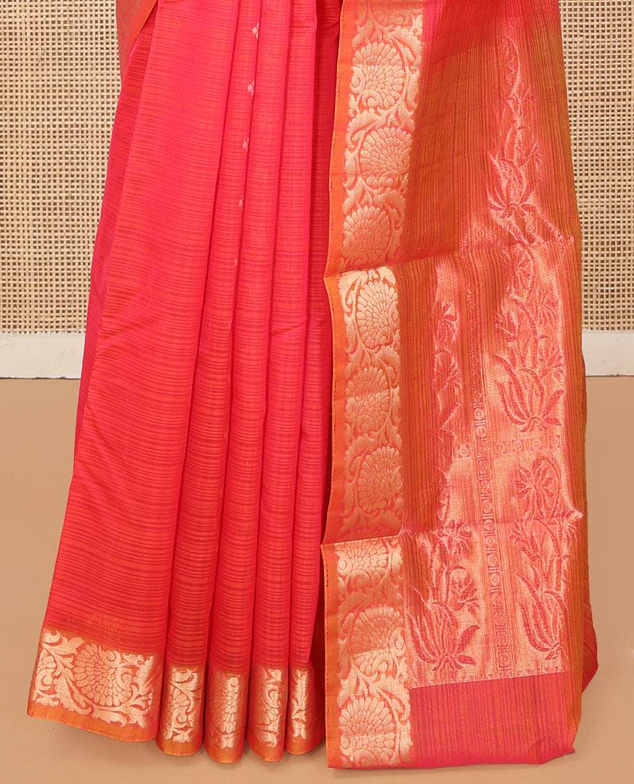 Red Silk Cotton Saree, Delicately Woven with Zari Buttas and Stripes, a Contrast Floral Creeper Border, Floral Design Pallu, and a Matching Blouse