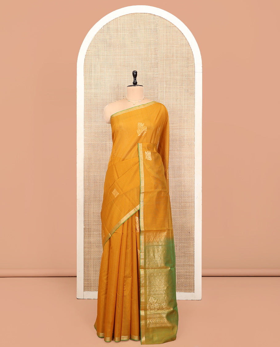 Yellow Silk Cotton Saree, Embellished with Zari Buttas, a Subtle Contrast Piping Zari Border, Grand Pallu, and a Contrast Blouse