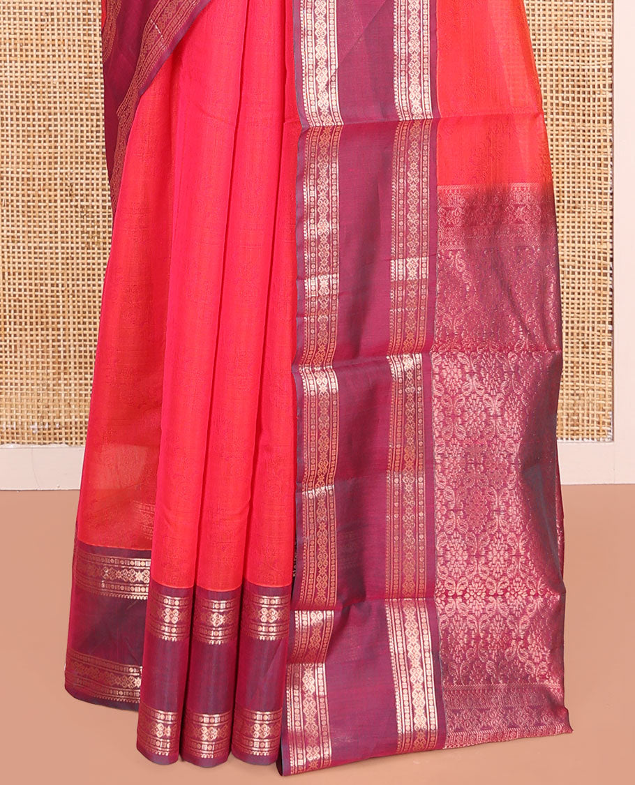Pink Silk Cotton Saree, Decked Up with Zari Buttas All Over Its Body, Complemented by a Contrast Traditional Zari Design Rettai Pettu Border, Pallu of Intricate Designs, and Paired with a Contrast Blouse