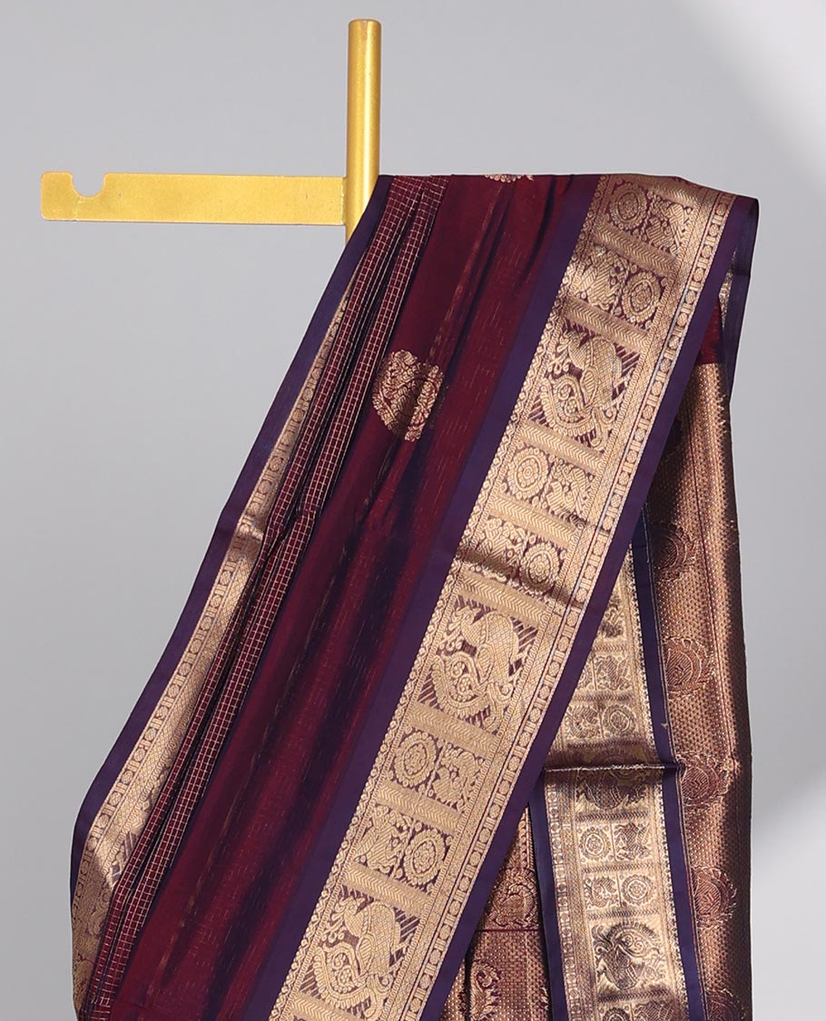 Brown checked cotton silk saree with self zari design border & intricate floral zari design pallu
