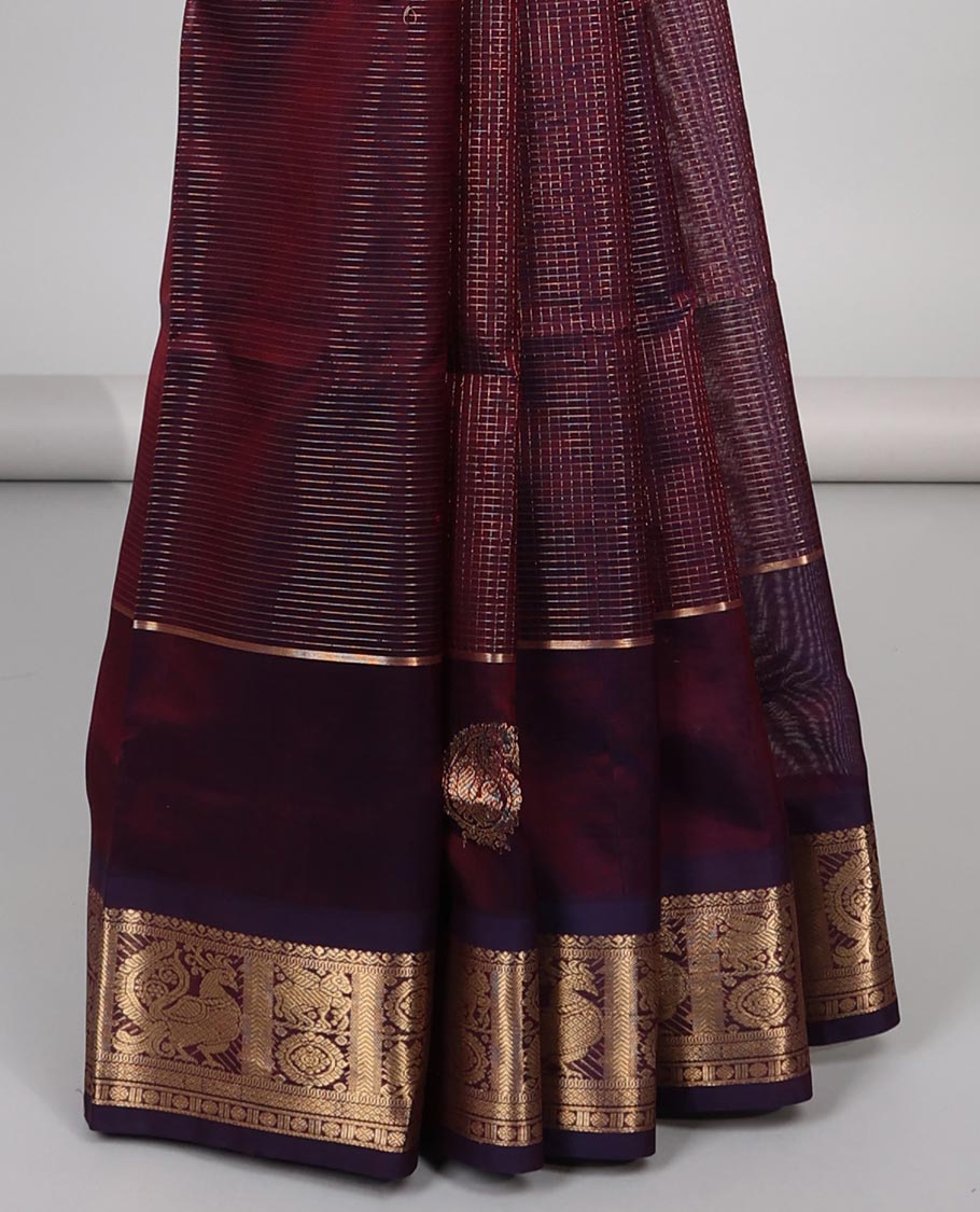 Brown checked cotton silk saree with self zari design border & intricate floral zari design pallu