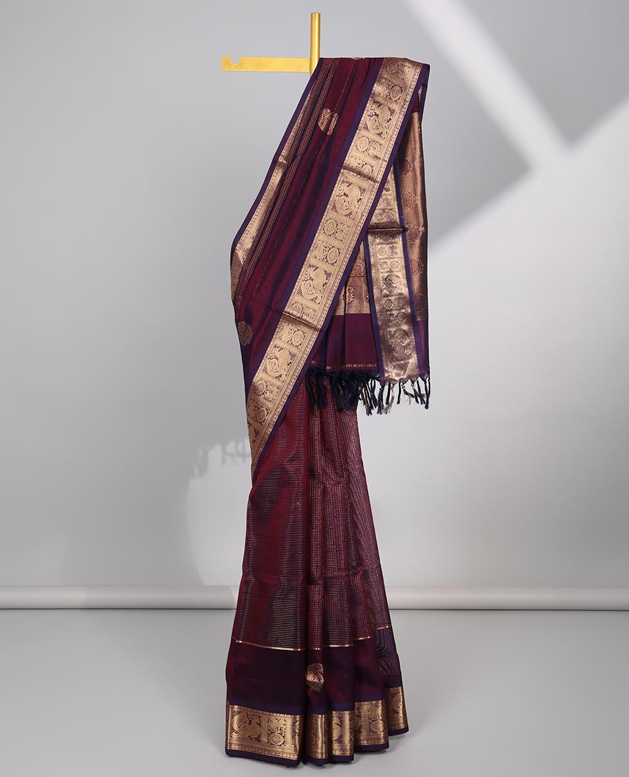 Brown checked cotton silk saree with self zari design border & intricate floral zari design pallu