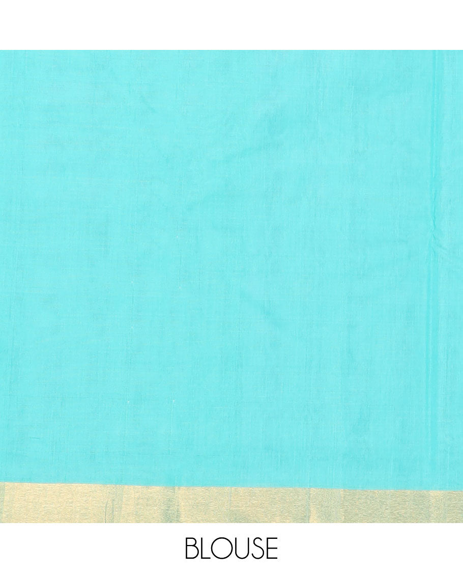 Blue checked silk cotton saree with contrast striped border & floral design pallu