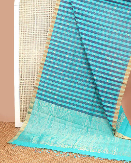 Blue checked silk cotton saree with contrast striped border & floral design pallu