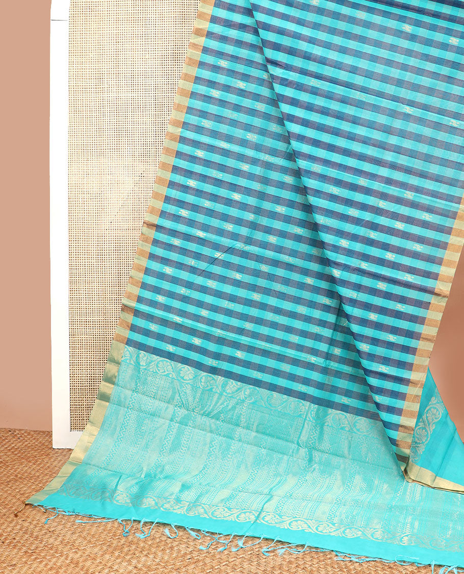 Blue checked silk cotton saree with contrast striped border & floral design pallu