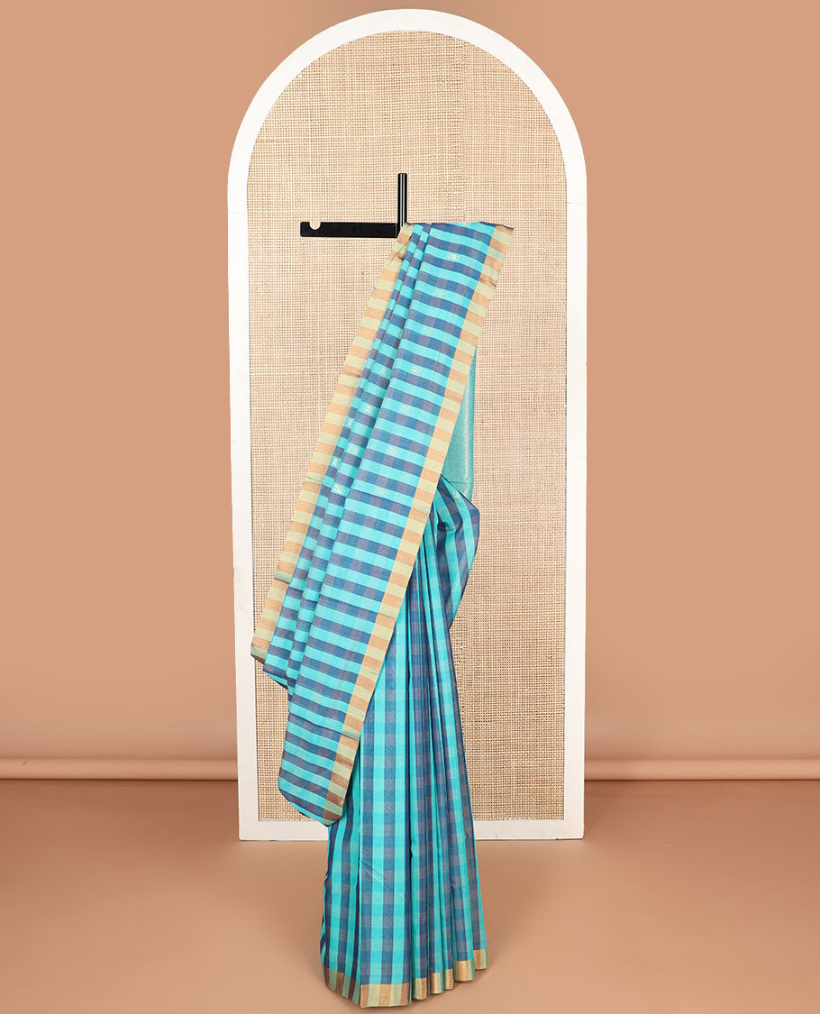 Blue checked silk cotton saree with contrast striped border & floral design pallu