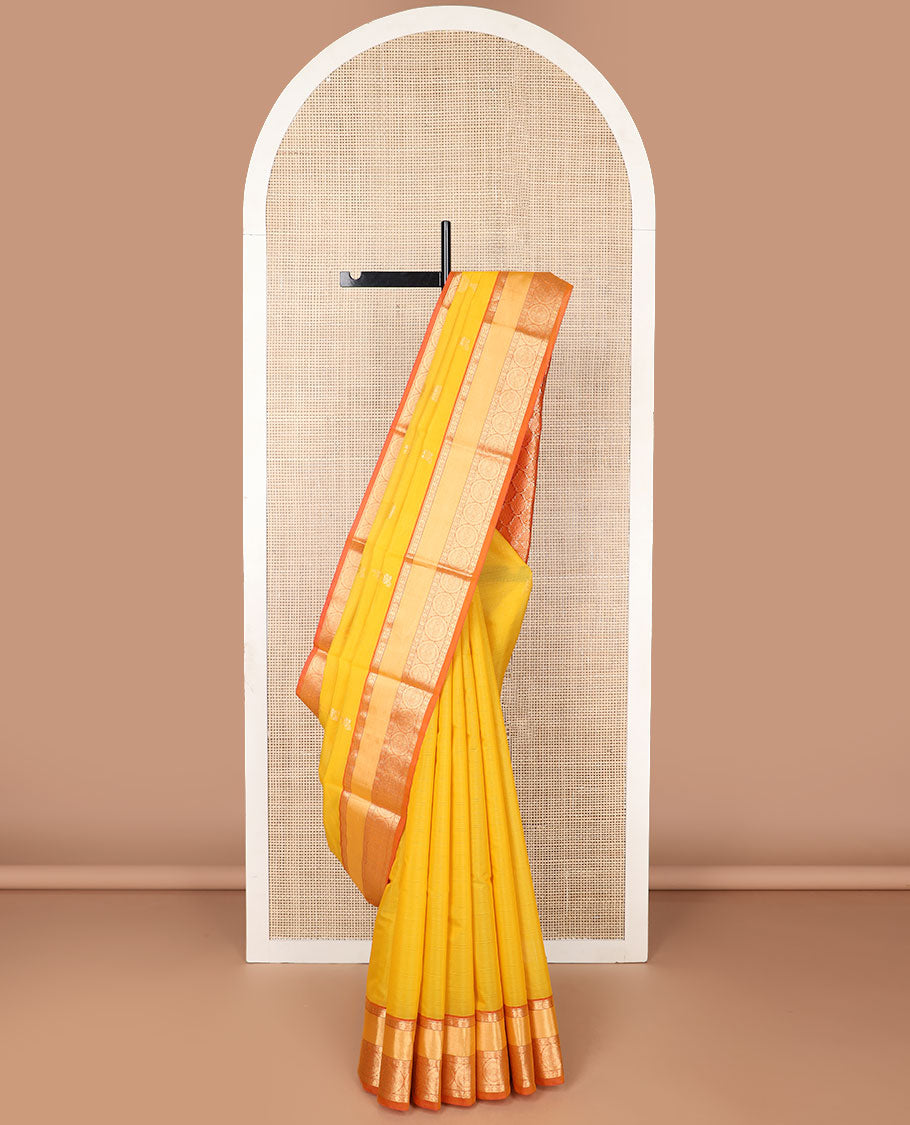 Orange motifs silk cotton saree with contrast zari design border & ogee design pallu