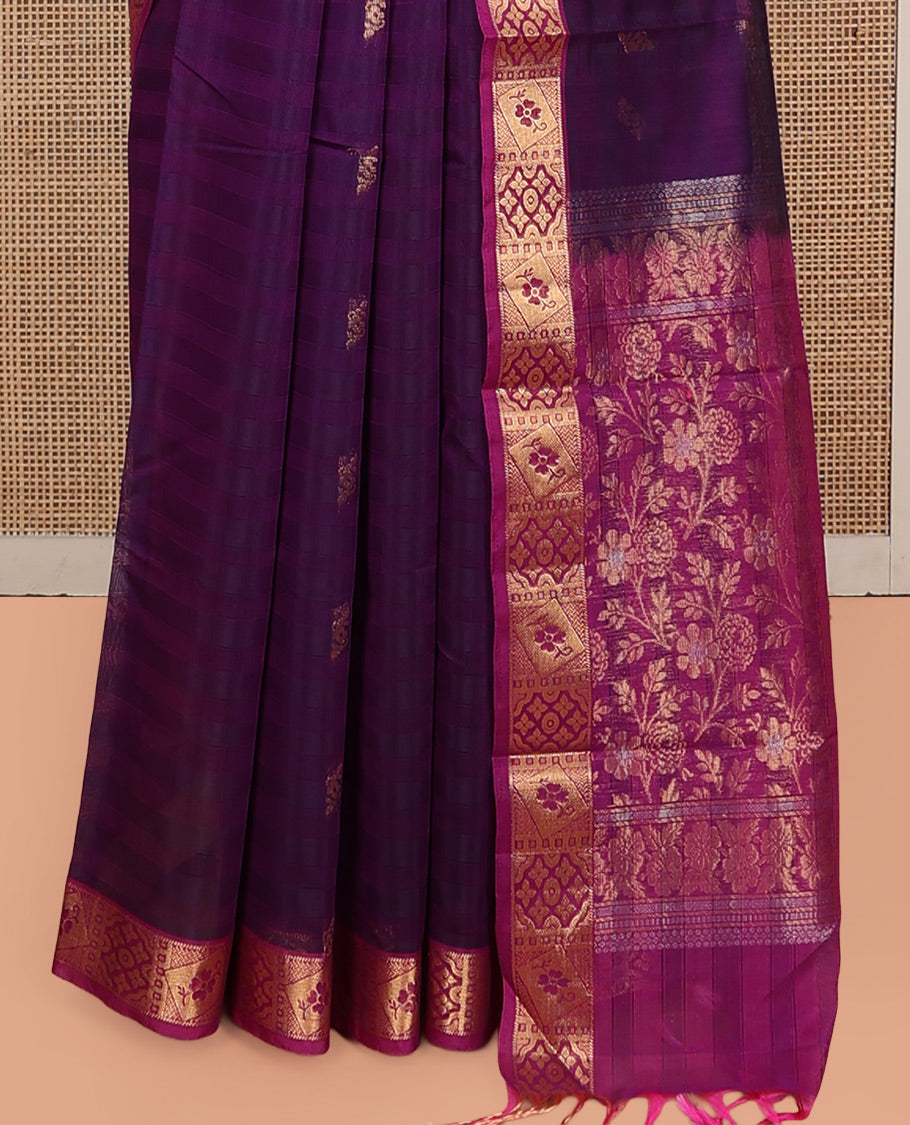 Purple Silk Cotton Saree, Embellished with Zari Buttas and Stripes, Complemented by a Contrast Traditional Zari Border, Floral Jaal Pallu, and a Contrast Blouse