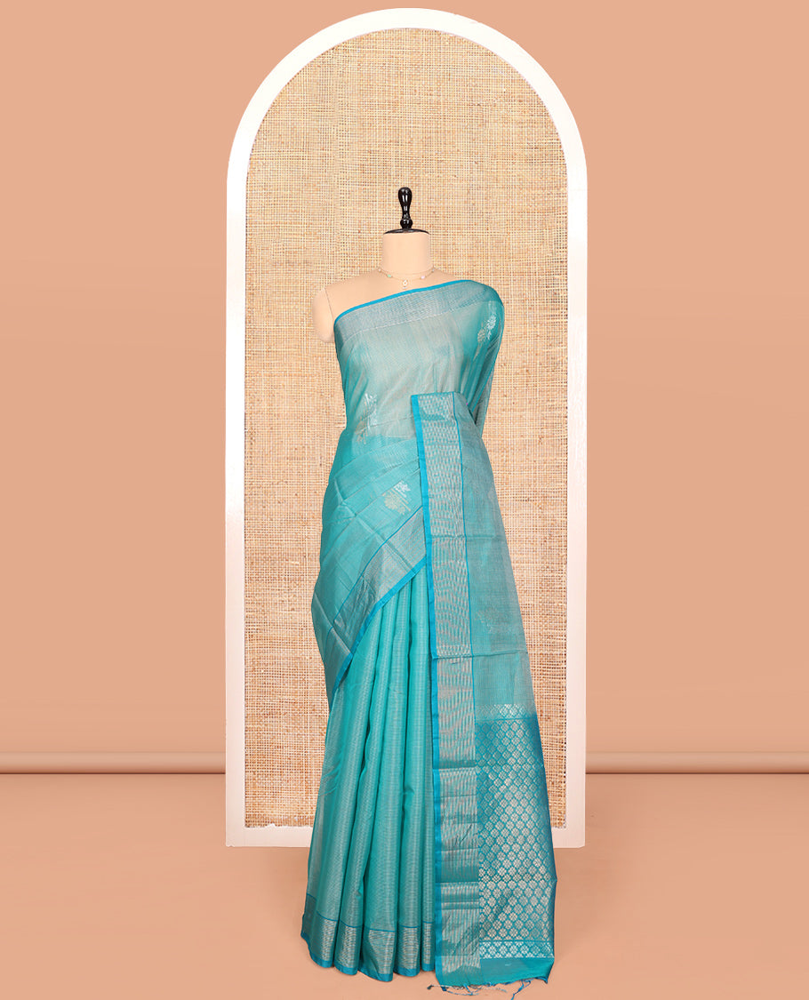 Blue Silk Cotton Saree, Woven with Floral Buttas, Highlighted by Self-Striped Border, Pallu of Floral Designs, and a Matching Blouse