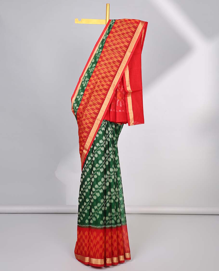 Green ikkat floral vine design silk cotton saree with contrast checked border & ikkat style floral design pallu