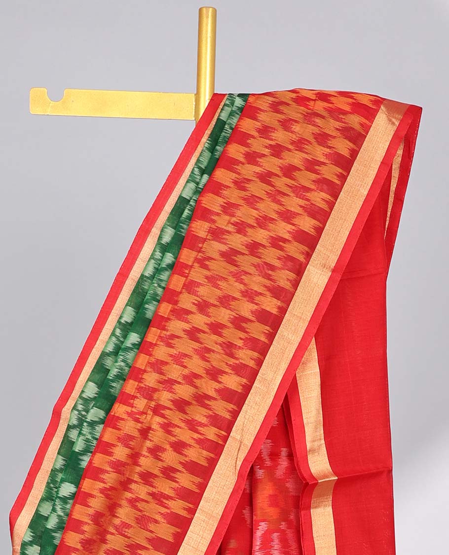 Green ikkat floral vine design silk cotton saree with contrast checked border & ikkat style floral design pallu
