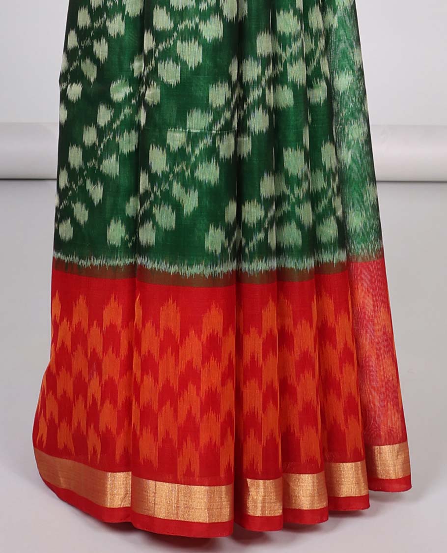 Green ikkat floral vine design silk cotton saree with contrast checked border & ikkat style floral design pallu