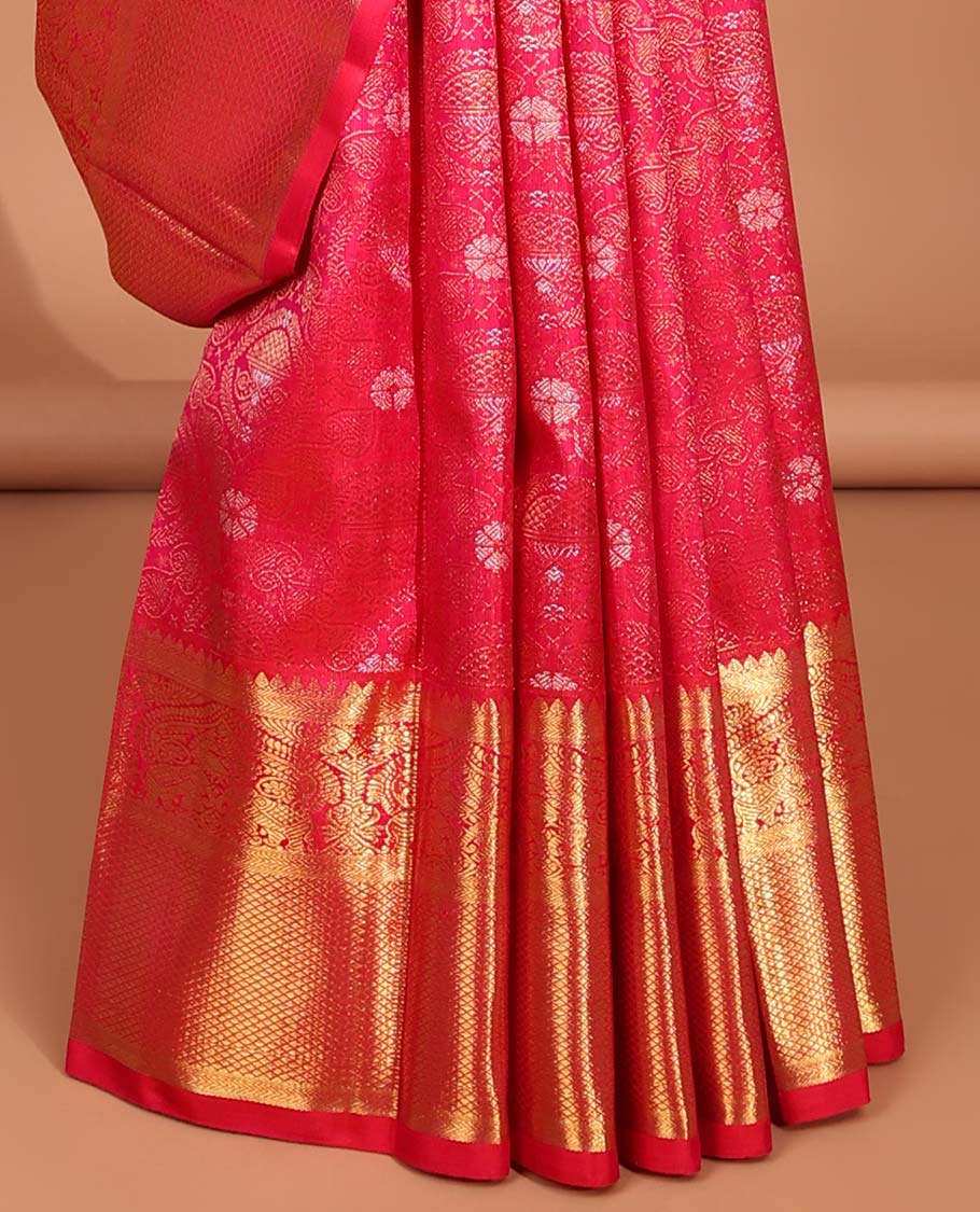 Red jacquard samudrika silk saree with self intricate zari design border & traditional zari design pallu