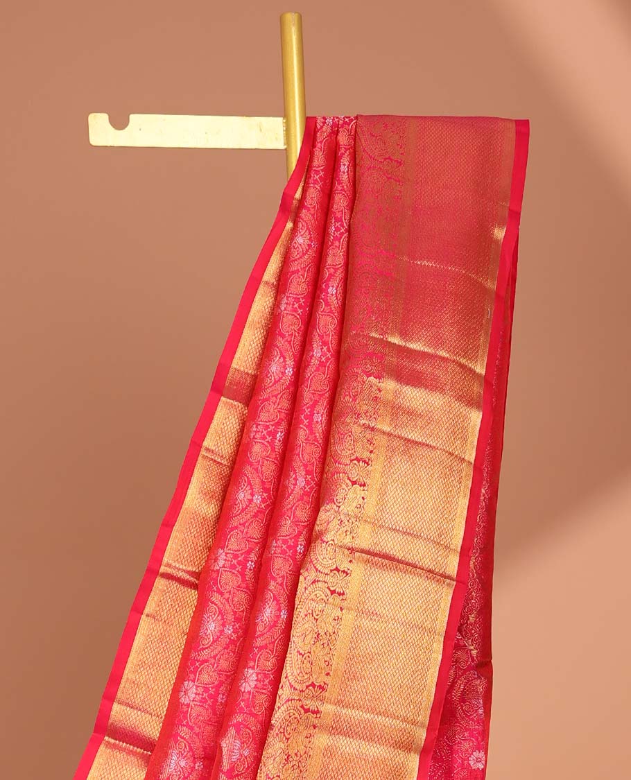 Red jacquard samudrika silk saree with self intricate zari design border & traditional zari design pallu
