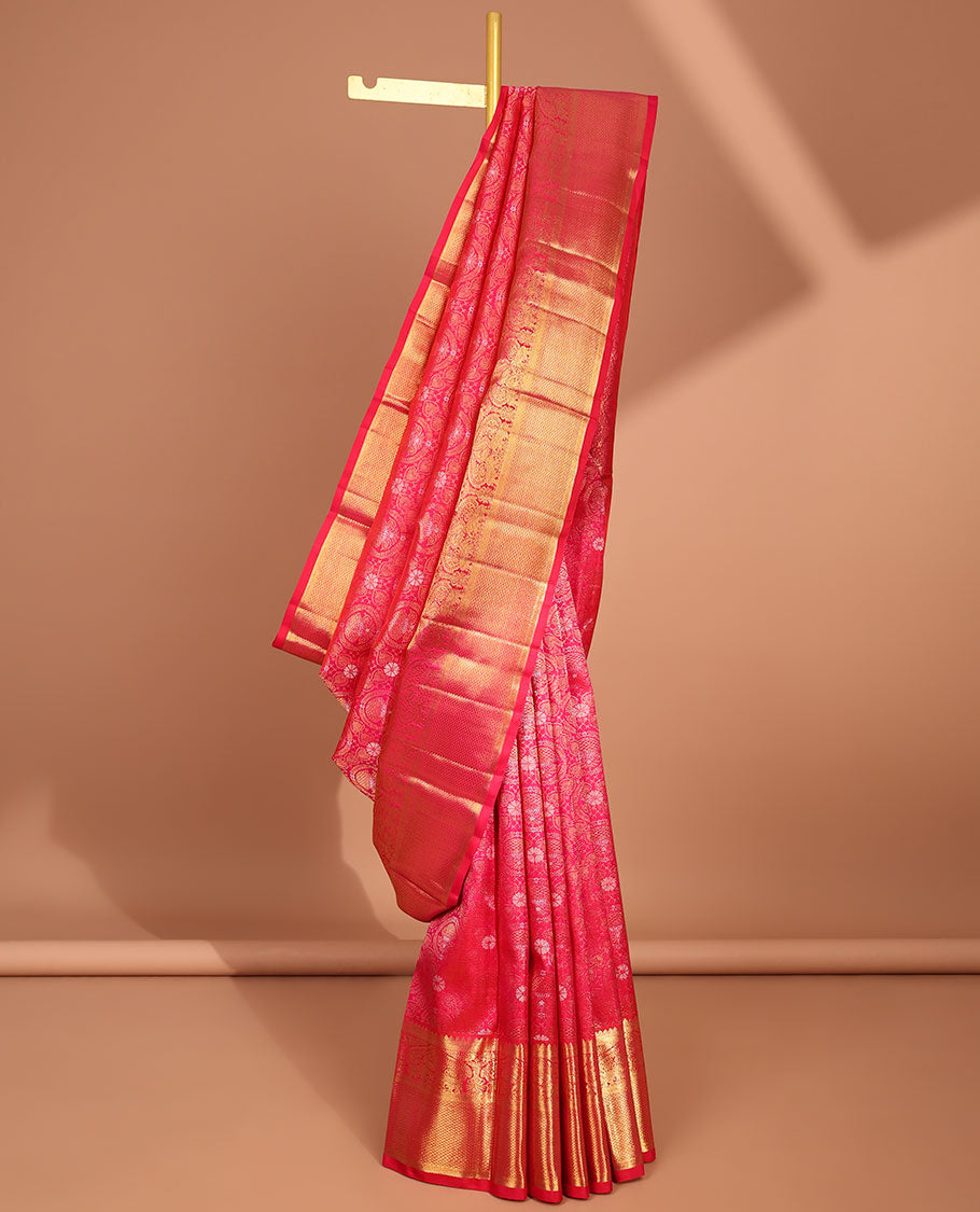 Red jacquard samudrika silk saree with self intricate zari design border & traditional zari design pallu