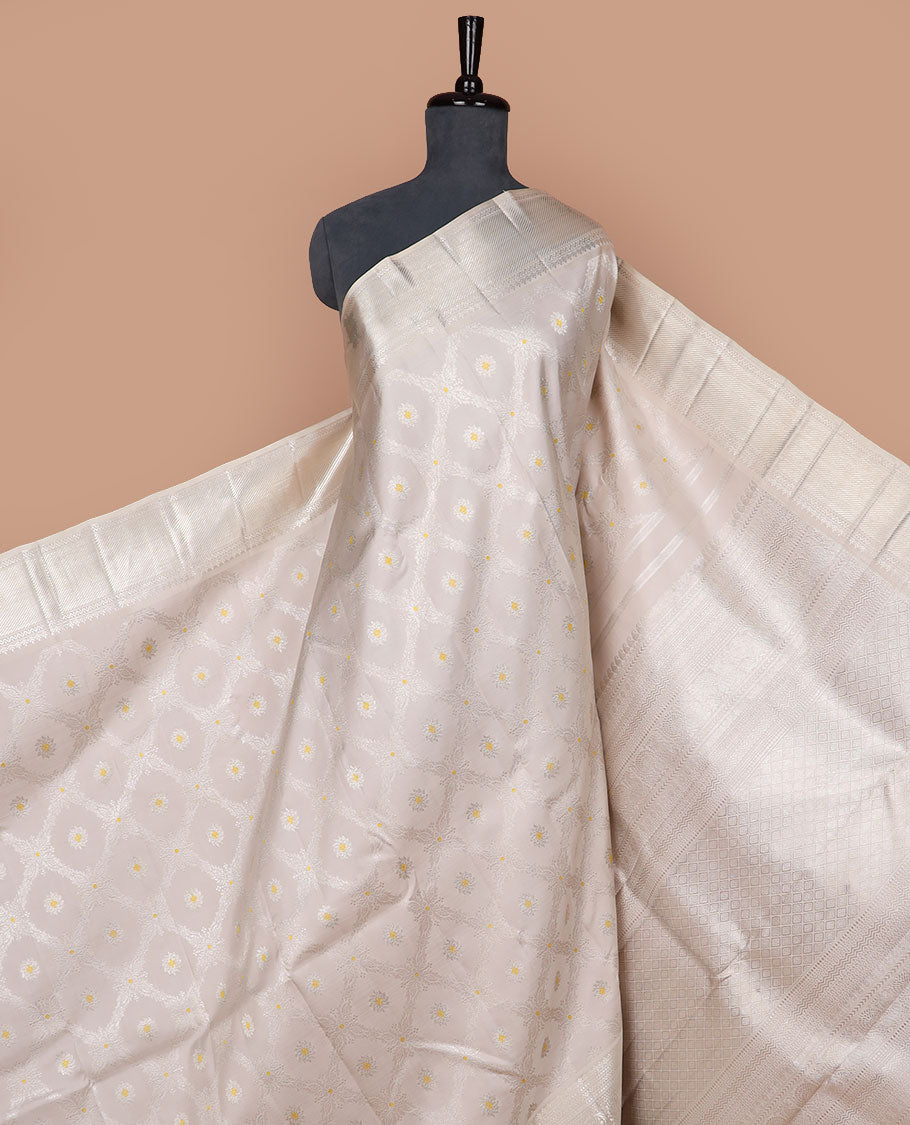 Pearl white meenakari jacquard silk saree, zari border of kodi visiry,neli,mayil & yaanai designs & grand gleaming zari woven pallu