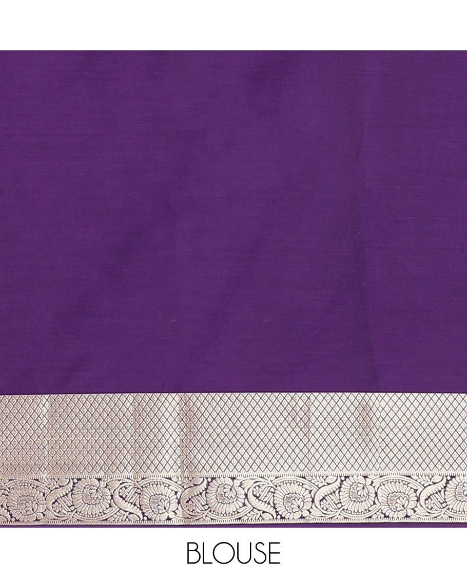 Olive green zari buttas soft silk saree, contrast diamond and floral creeper border, and pallu of lotus floral designs