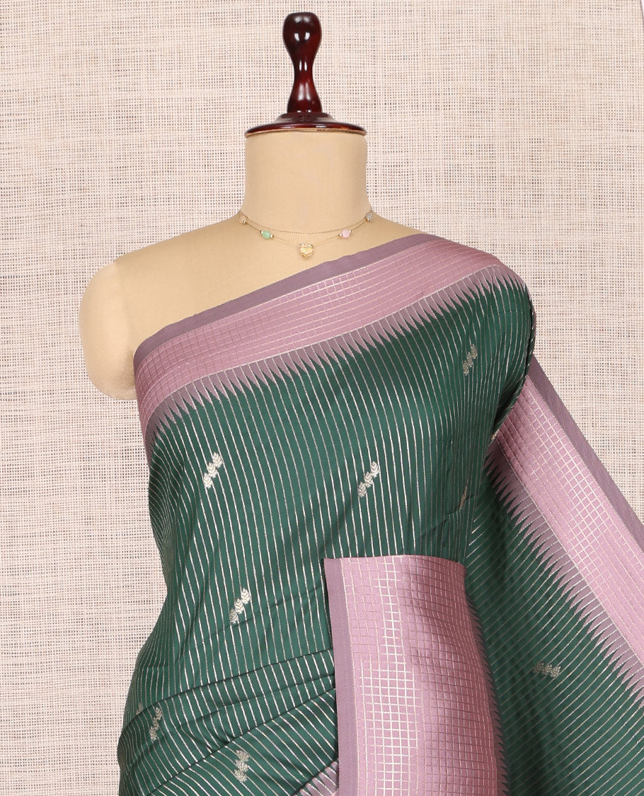Green Fancy Soft Silk Saree, Embellished with Zari Butta and Stripes, Complemented by Contrast Zari Checked Temple Border, Grand Pallu, and a Contrast Blouse
