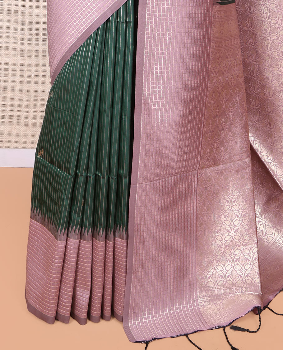 Green Fancy Soft Silk Saree, Embellished with Zari Butta and Stripes, Complemented by Contrast Zari Checked Temple Border, Grand Pallu, and a Contrast Blouse