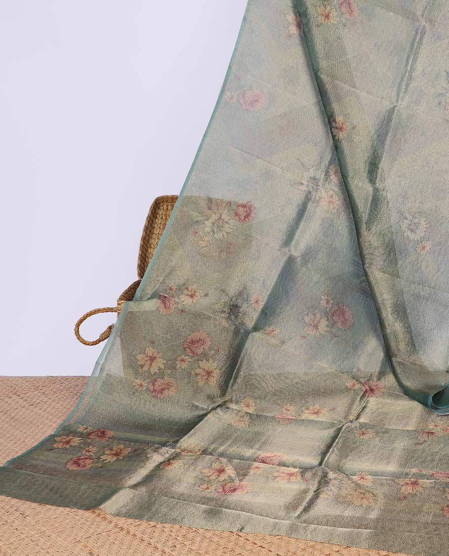 Borderless green floral printed semi - banaras tissue saree