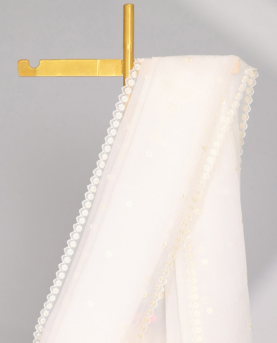 Pink Crushed Tissue saree with scallop motif border and intricate motif embroidery pallu