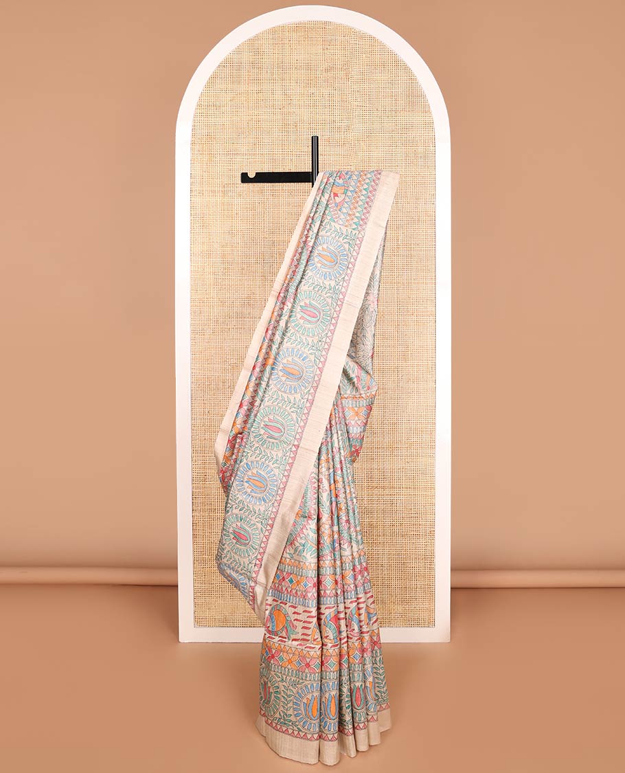 Cream all-over madhubani style design tussar saree with self plain border