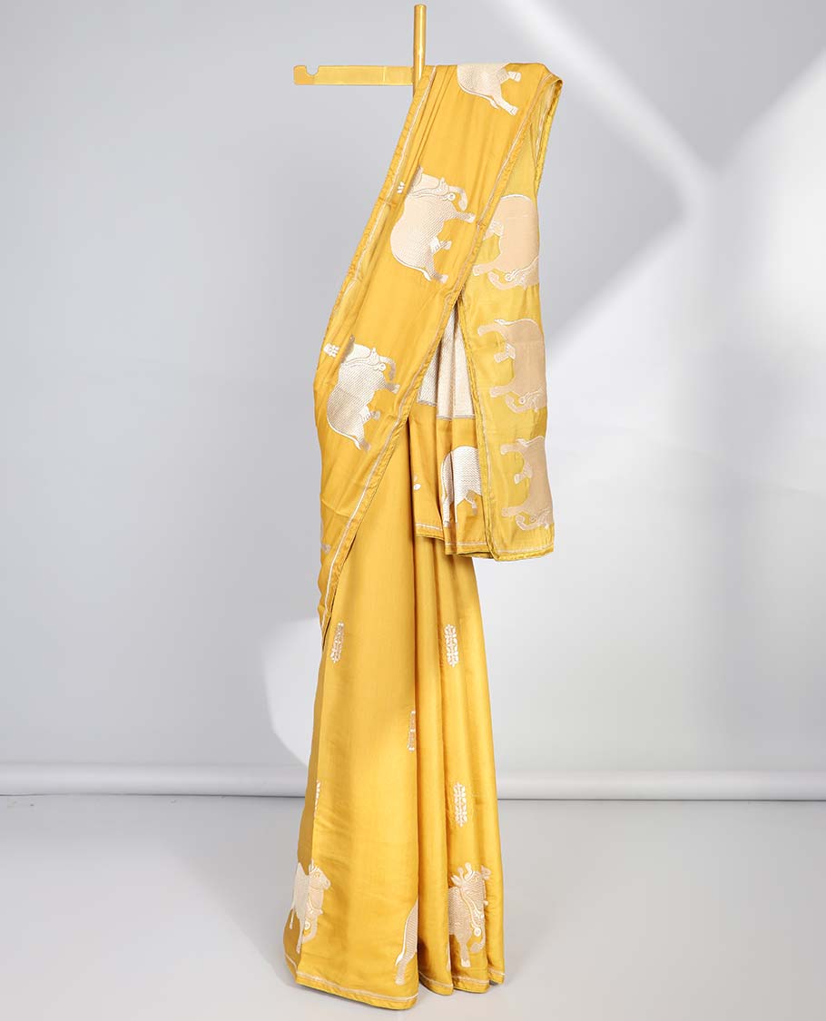 Yellow floral motifs semi-banaras tussar saree with self pichwai border & zari design pallu