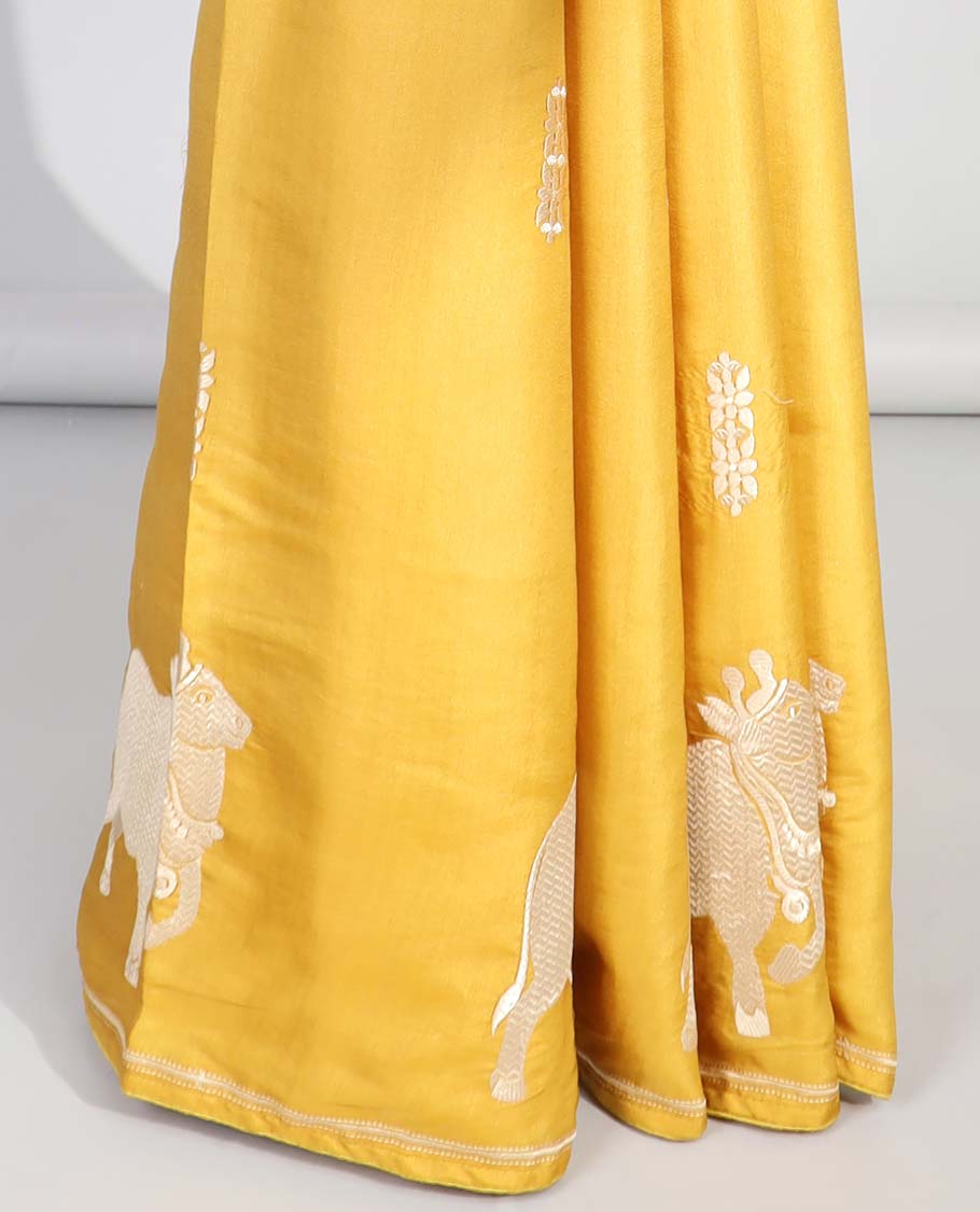 Yellow floral motifs semi-banaras tussar saree with self pichwai border & zari design pallu
