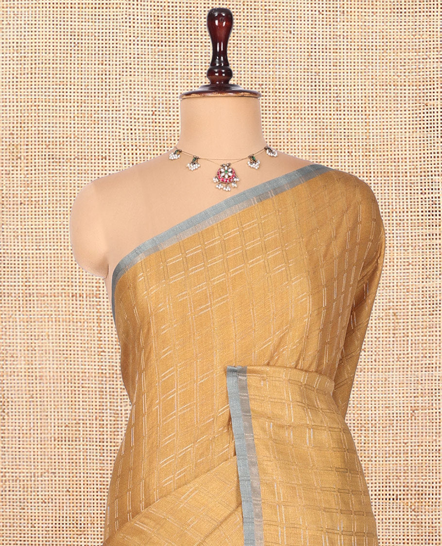 Yellow Fancy Tussar Silk Saree, Embellished with Checked Design, Contrast Zari Piping Border, Pallu of Kalamkari Motifs, and Contrast Kalamkari Printed Blouse