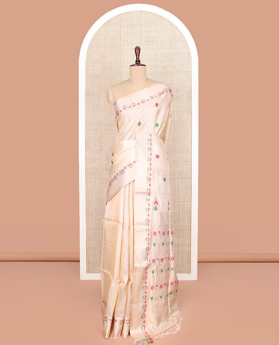 Cream Tussar Silk Saree, Woven with Buttas on Its Body, Subtle Border of Unique Motifs, Pallu of Ogee Patterns, and Paired with a Matching Blouse