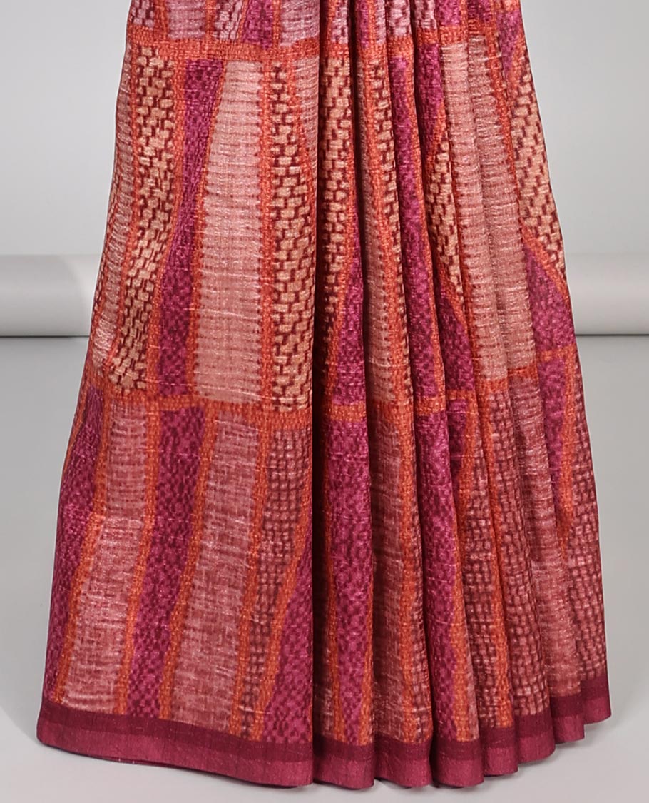 maroon geometric design tussar silk saree with self-border & striped pallu